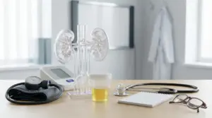 Modello trasparente di reni su scrivania medica con strumenti diagnostici