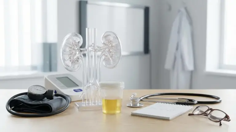 Modello trasparente di reni su scrivania medica con strumenti diagnostici