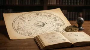 Disegni astrologici su carta antica con segni zodiacali e pianeti su un tavolo di legno
