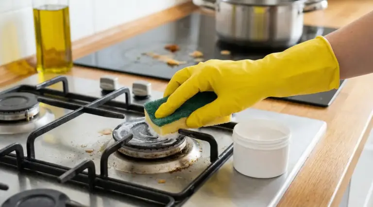 Mano con guanto giallo pulisce un fornello del piano cottura con spugna e detergente in crema