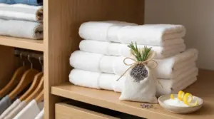 Asciugamani piegati in un armadio con sacchetto alla lavanda e ciotolina con bicarbonato e scorza di limone