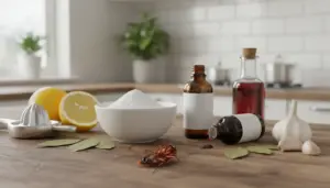 Ingredienti naturali in cucina con limone, aglio e oli essenziali vicino a uno scarafaggio sul tavolo