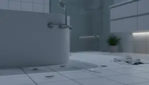 Pesciolini d’argento sul pavimento del bagno vicino a una doccia con gocce d’acqua