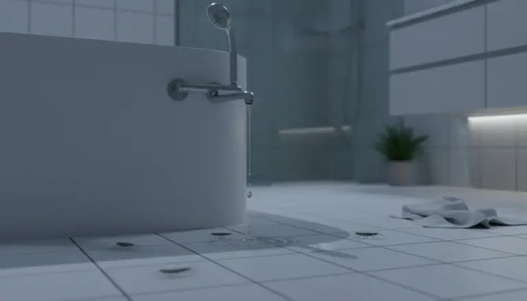 Pesciolini d’argento sul pavimento del bagno vicino a una doccia con gocce d’acqua