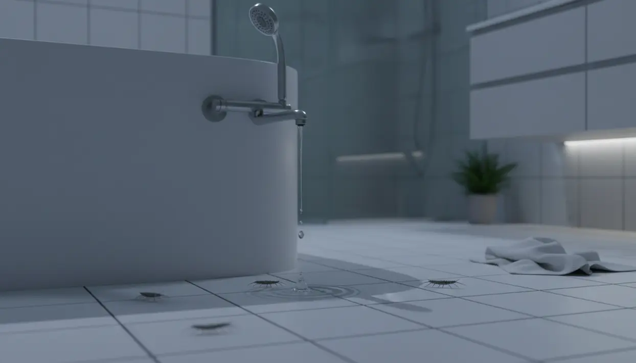 Pesciolini d’argento sul pavimento del bagno vicino a una doccia con gocce d’acqua