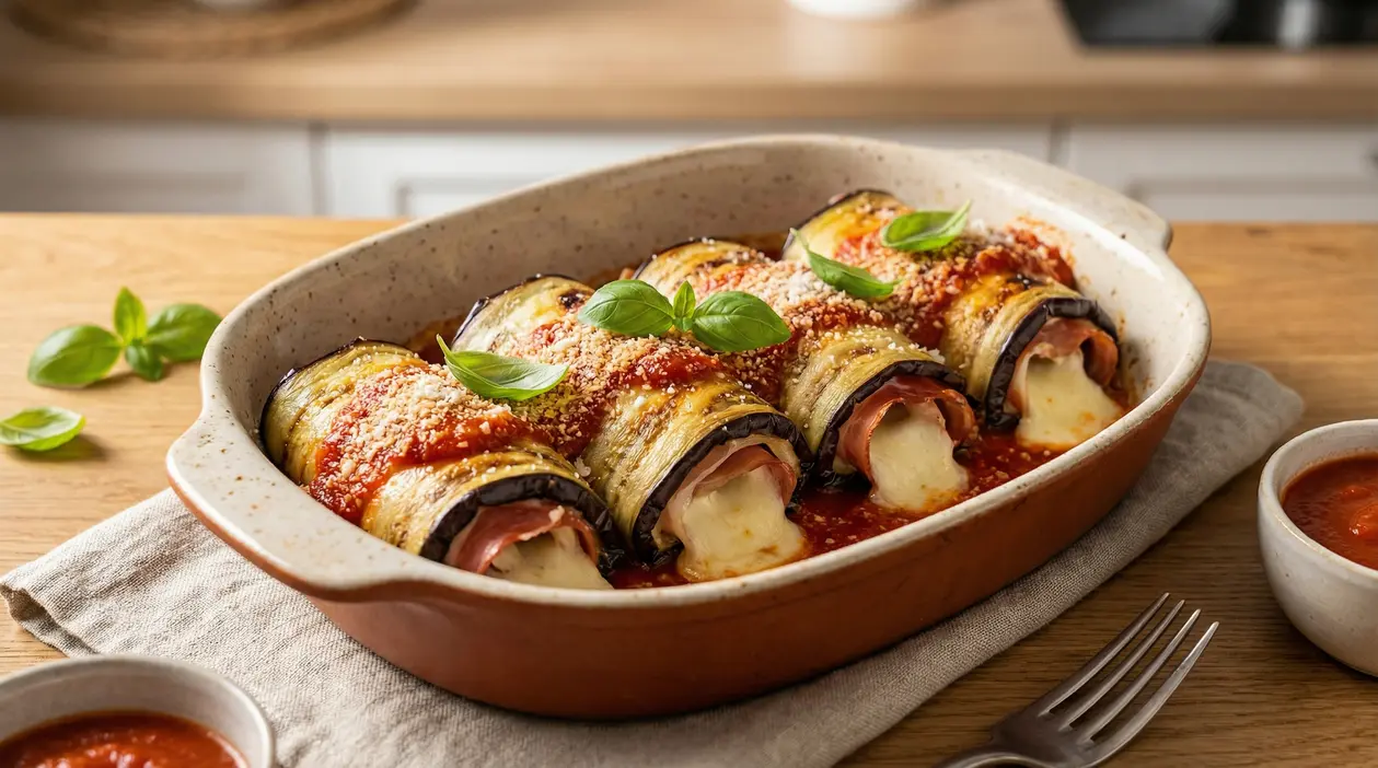 Involtini di melanzane con prosciutto e formaggio al forno in una pirofila su un tavolo di legno