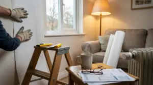 Persona con guanti applica un pannello isolante su una parete interna in soggiorno, con termosifone e rotoli di materiale