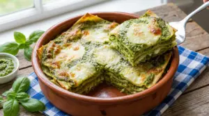 Lasagne al pesto servite in una pirofila di terracotta su un tavolo rustico