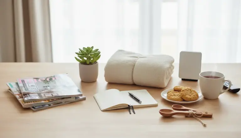 Tavolo ordinato con taccuino, riviste, pianta in vaso, plaid piegato, tè e biscotti in un angolo accogliente