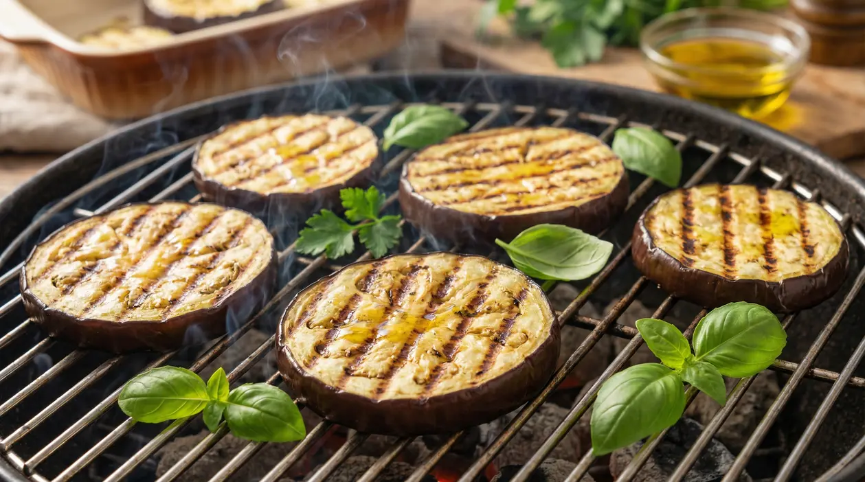 Fette di melanzane grigliate su una griglia con foglie di basilico fresco