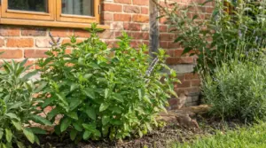 Pianta di menta in un giardino vicino a un muro di mattoni con un topo sul terreno