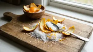Sale grosso e bucce d’arancia su un tagliere di legno con cucchiaio, vicino a una finestra