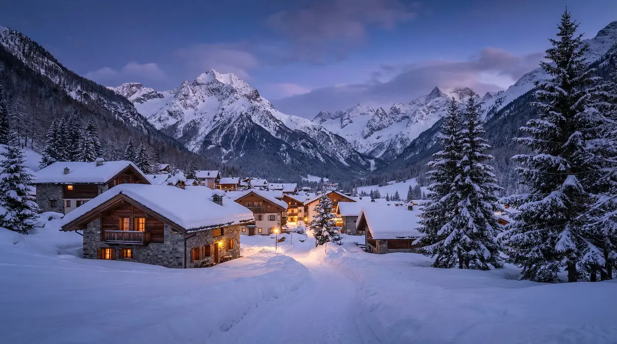 Borgo di montagna italiano coperto di neve con chalet e montagne sullo sfondo
