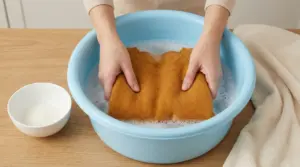 Mani che lavano a mano un maglione di cashmere in una bacinella con acqua e sapone