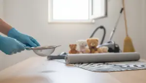 Mani con guanti che setacciano la polvere su un tavolo, con aspirapolvere e peluche sullo sfondo