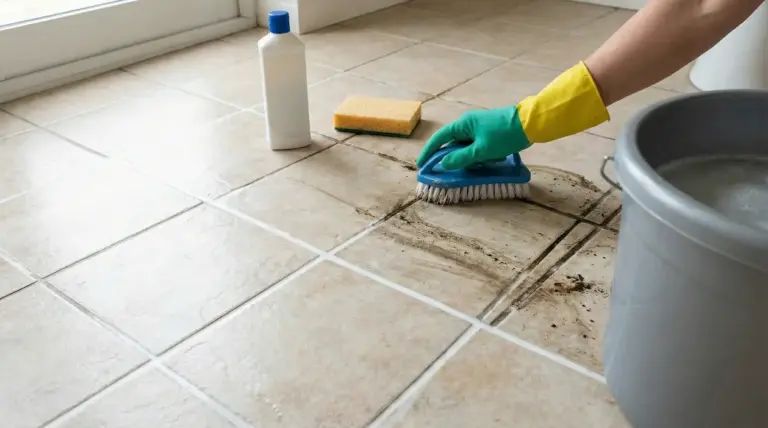 Persona con guanti che spazzola le fughe nere tra le piastrelle del pavimento con detergente e secchio