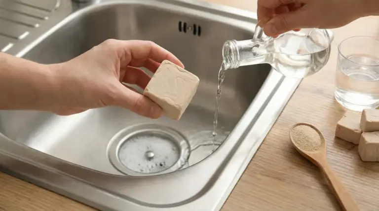 Una mano tiene del lievito di birra sopra un lavandino mentre un'altra versa acqua