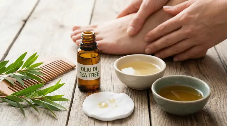 Flacone di olio di tea tree con pettine in legno, foglie e crema su un tavolo