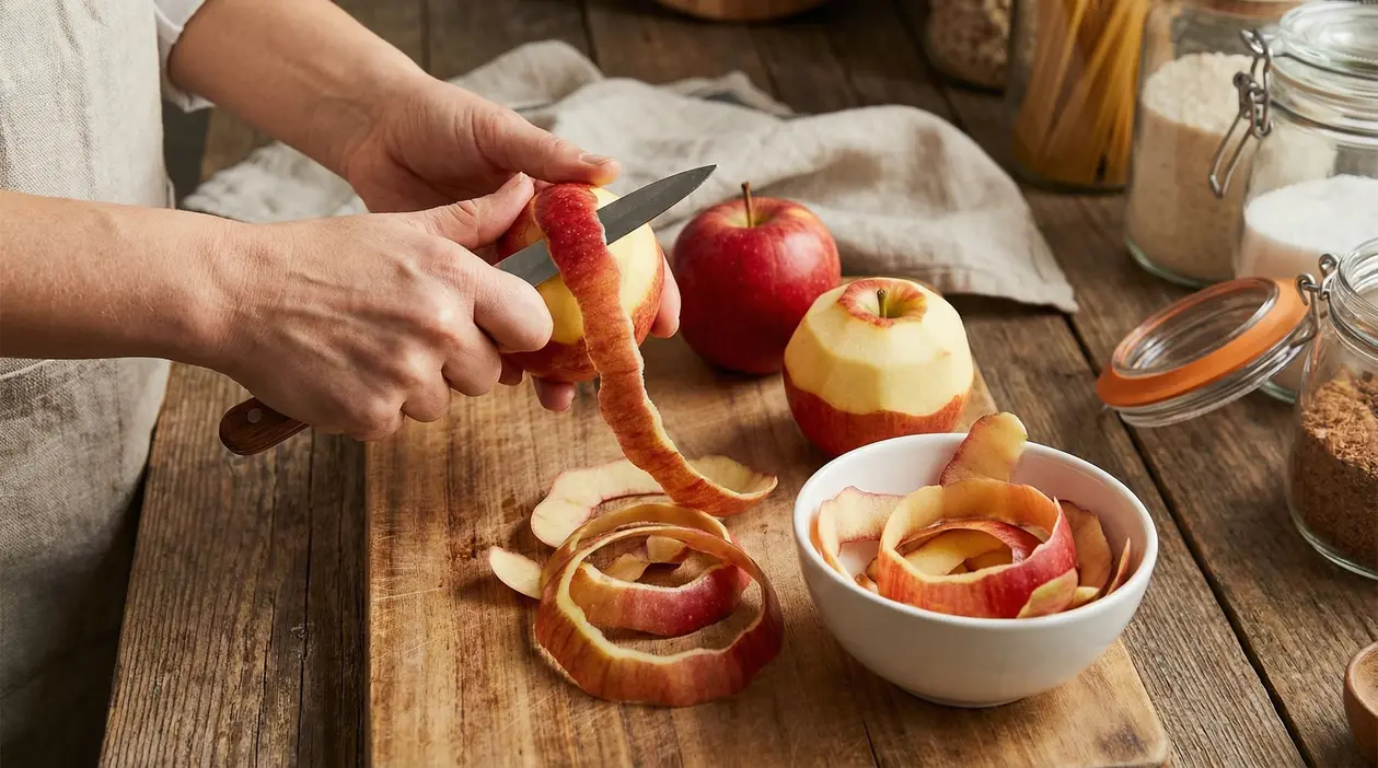 Mani che sbucciano una mela su un tagliere con bucce e mele intere sul tavolo