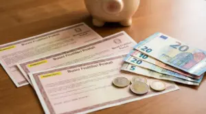 Buoni fruttiferi postali con banconote in euro su un tavolo di legno