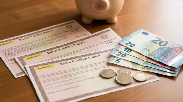 Buoni fruttiferi postali con banconote in euro su un tavolo di legno