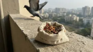 Sacchetto di spezie ed erbe aromatiche su un davanzale, con un piccione in volo sullo sfondo