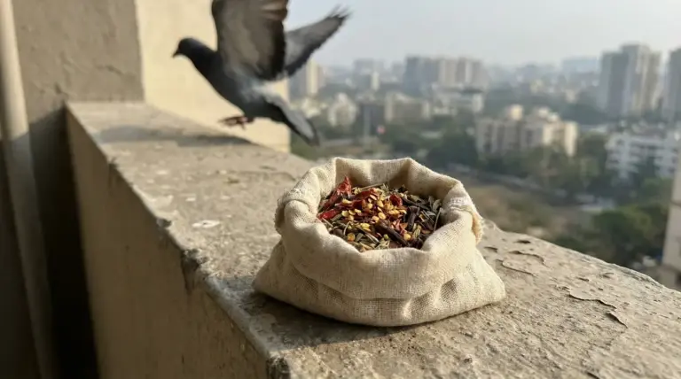 Sacchetto di spezie ed erbe aromatiche su un davanzale, con un piccione in volo sullo sfondo