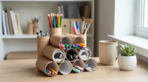 Organizer da scrivania fai-da-te con rotoli di carta igienica, con penne, matite, pennarelli e cavi arrotolati