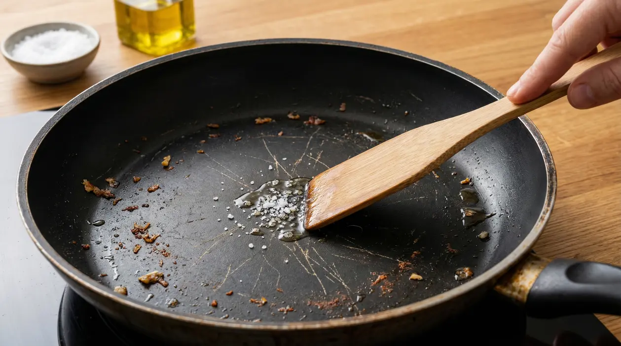 Padella antiaderente graffiata con sale e olio, mescolati con una spatola di legno per ripristinare l’antiaderenza