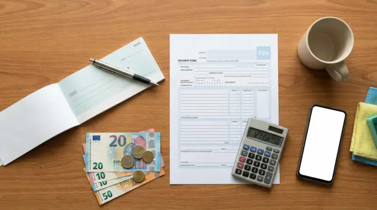 Documenti di pagamento con modulo F24, calcolatrice, contanti in euro, assegno e smartphone su tavolo
