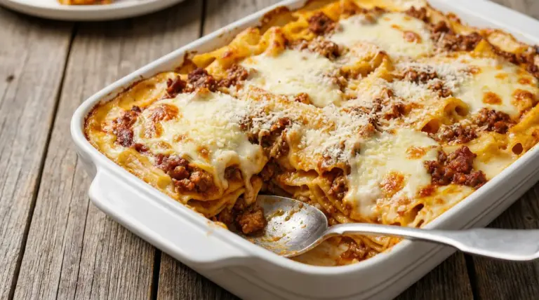 Pasta al forno con besciamella e ragù in una teglia bianca su tavolo di legno