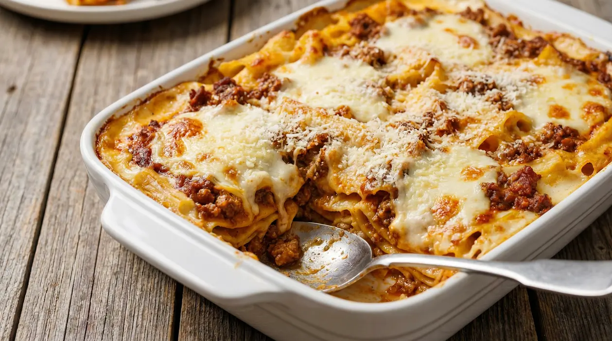 Pasta al forno con besciamella e ragù in una teglia bianca su tavolo di legno