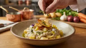 Impiattamento raffinato di pasta e patate con crema, chips e fiori edibili
