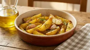 Patate al forno con aglio e rosmarino in una teglia di terracotta su tavolo rustico