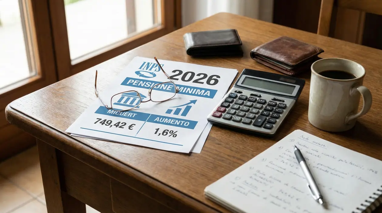 Tavolo con documento sulla pensione minima 2026, calcolatrice, tazza di caffè e occhiali