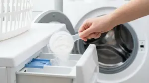 Mano che versa percarbonato di sodio nel cassetto detersivo di una lavatrice a carica frontale