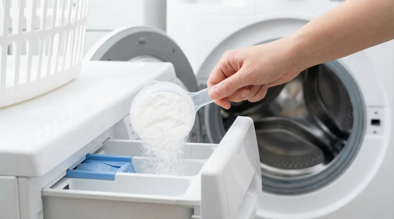 Mano che versa percarbonato di sodio nel cassetto detersivo di una lavatrice a carica frontale
