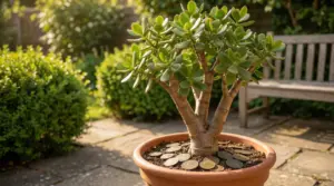Pianta grassa in vaso con monete nel terriccio, su un patio in giardino.