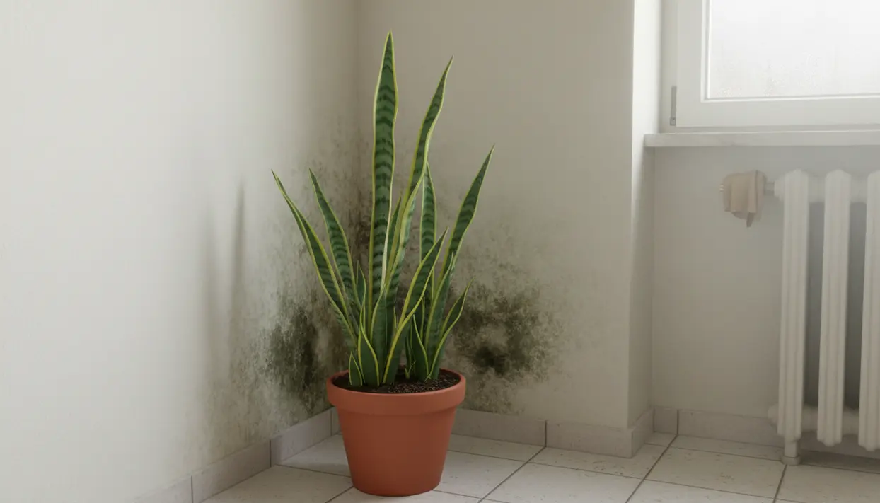 Pianta di sansevieria in vaso in un angolo con macchie di muffa sulla parete, vicino a finestra e termosifone