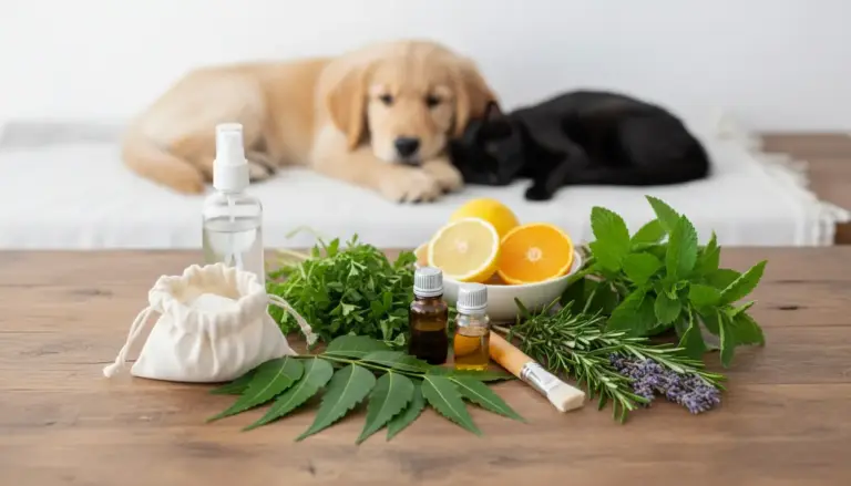 Rimedi naturali antipulci con erbe aromatiche, agrumi e spray, con cane e gatto sullo sfondo