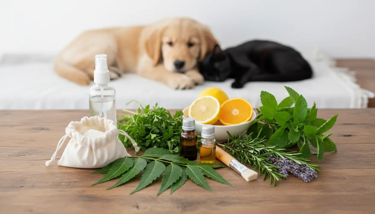 Rimedi naturali antipulci con erbe aromatiche, agrumi e spray, con cane e gatto sullo sfondo