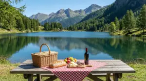 Tavolo da picnic con cestino, cibo e vino vicino a un lago alpino in Lombardia