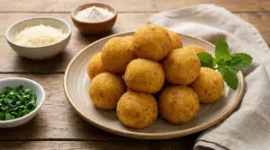Polpette di patate dorate servite su un piatto con ingredienti sullo sfondo