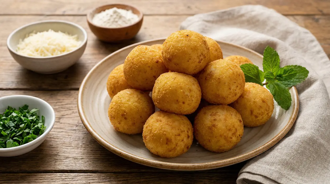 Polpette di patate dorate servite su un piatto con ingredienti sullo sfondo