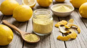 Polvere di limone in barattolo con limoni freschi, bucce essiccate e cucchiaio di legno su tavolo di legno