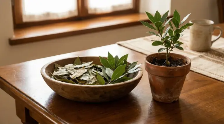 Vaso di alloro e ciotola con foglie di alloro su un tavolo in legno vicino a una finestra