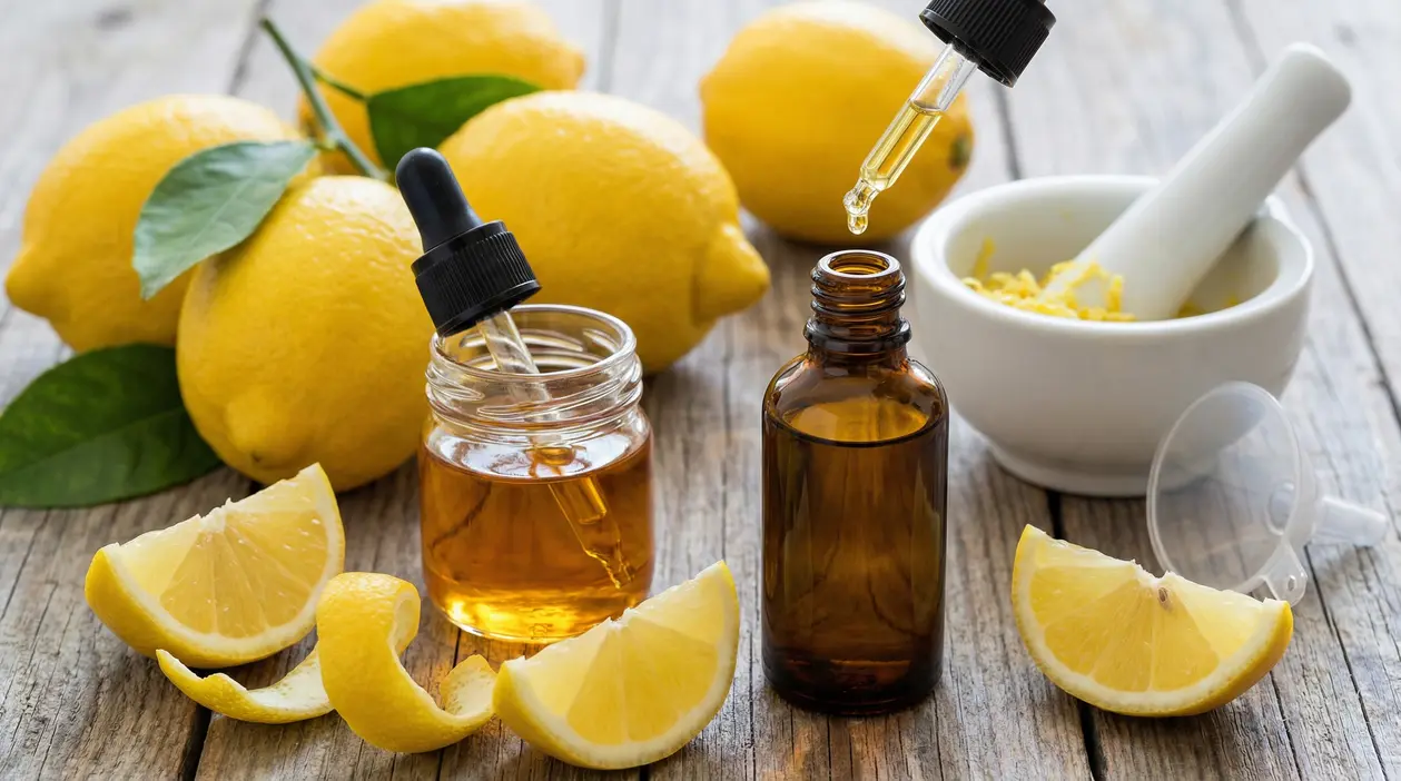 Olio essenziale di limone in boccette con pipetta su un tavolo con limoni freschi e scorza grattugiata