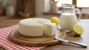 Formaggio primosale fatto in casa su tagliere con latte intero e limone