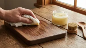 Mano che applica un prodotto naturale su un tagliere di legno con un panno, accanto a barattolo e spazzolina