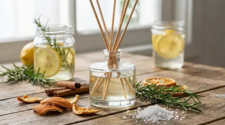 Profumatore fai da te con bastoncini in bottiglia di vetro, agrumi, rosmarino e cannella su tavolo in legno